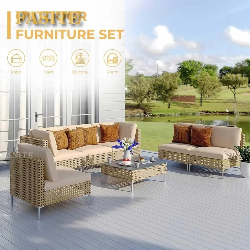 Garden Sofas 7-Piece Wicker Patio Furniture Set, All-Weather Boho Outdoor Conversation Set Sectional Sofa  Garden Sofas
