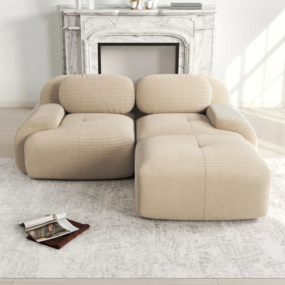 82'' Corner Sofa in Soft Cord Fabric, Modular Combined with Curved Armrests, Without Mounting, Highly Elastic Foam Upholstery