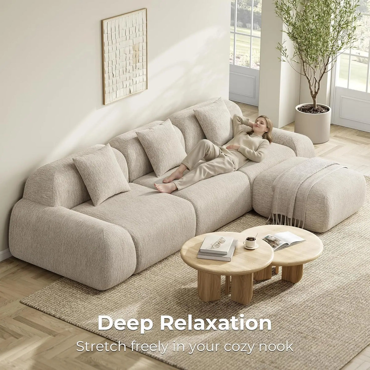 Modular Sectional Sofa Ottoman 110in L-Shape Chenille Upholstery Deep Seat Living Room No Assembly Custom