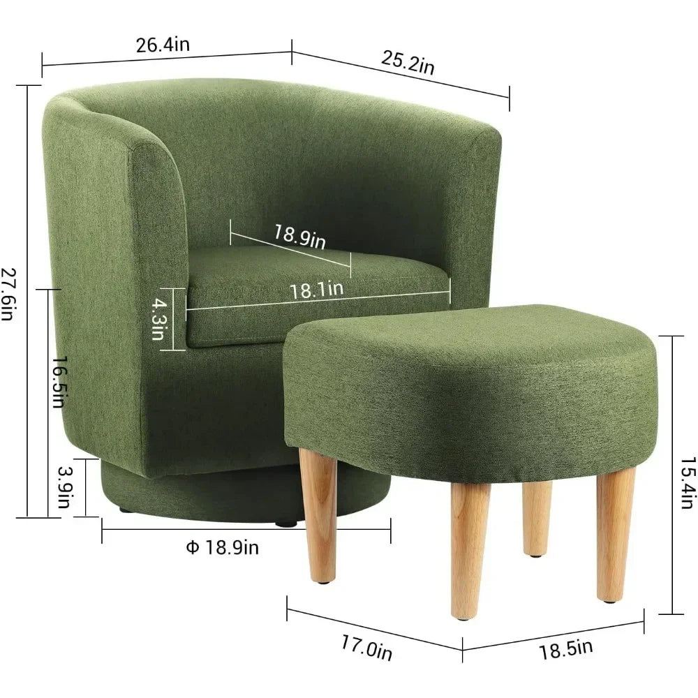 Chair Set of 2, Modern Swivel Chair with Ottoman, Comfy Armchair, Barrel Round Sofa Chair for Bedroom, Green