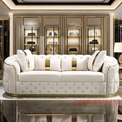 Luxury Chesterfield Sectional Sofa Set with Cloth Buttons and Fabric Modular Couch with Gold Stainless Steel Base, 3-seater Sofa