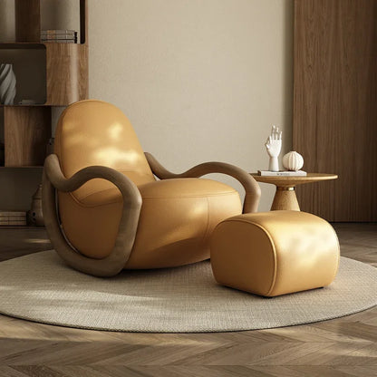 Household balcony leisure chair sofa solid wood rocking chair Chinese lazy sofa recliner environmentally friendly leather