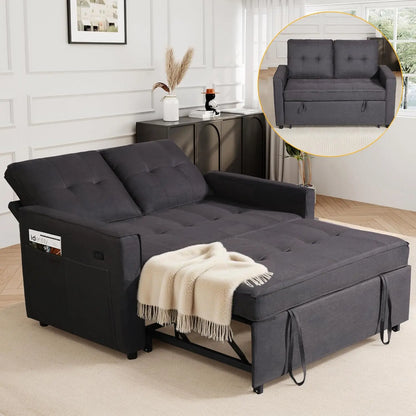 Convertible Sofa Bed with USB, Reclining Backrest & Storage Pockets - 3-in-1 Sleeper for Small Spaces (Dark Grey)