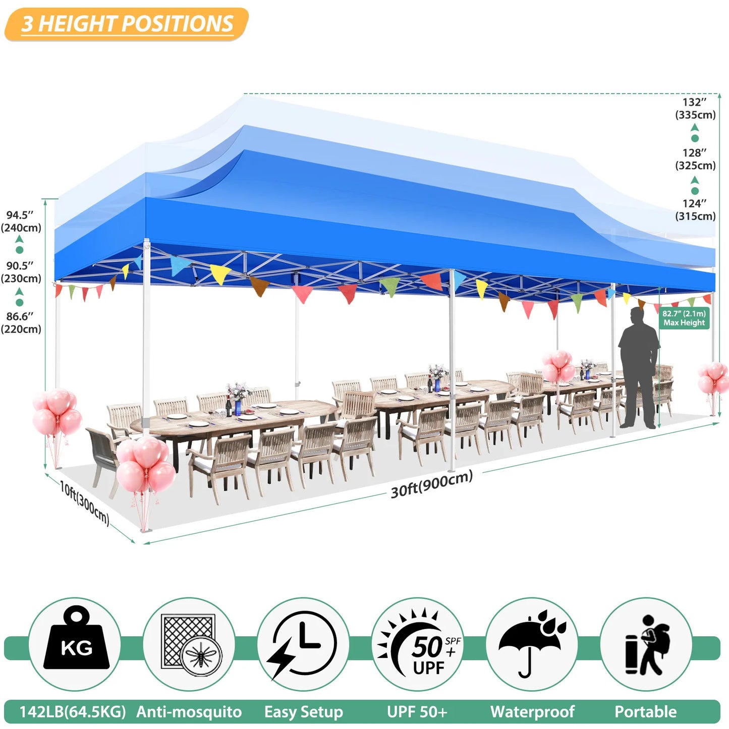 10x30FT Canopy Tent with 8 Sidewalls,Heavy Duty Pop up Canopy Party Tent with Mosquito Netting,Easy up Screen Canopy for Parties