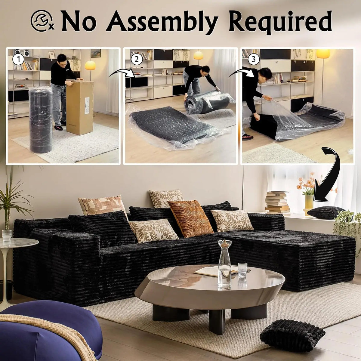 Black sectional couches for Living Room Corduroy Couch，104