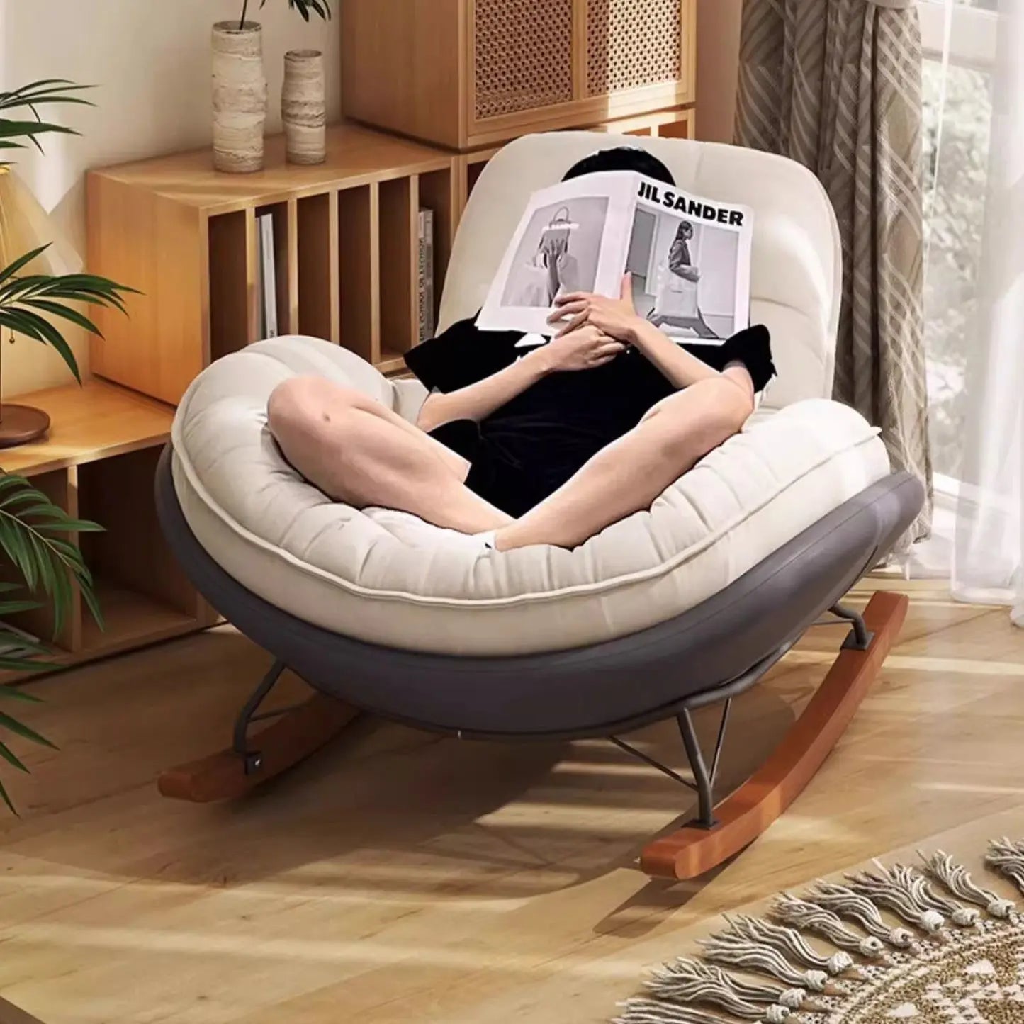 Nordic Style Rocking Chair for Living Room Cat scratch SKin Leather Light Luxury Lounge Chair for Adult Lazy Sofa Balcony Chair