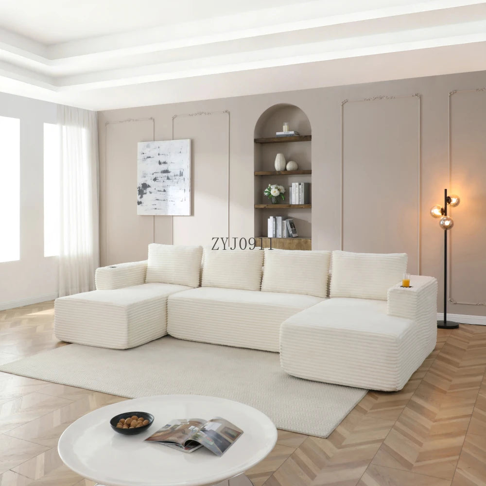 132-Inch boneless sofa, modern corduroy U-shaped modular section sofa, comfortable sofa with cup holder