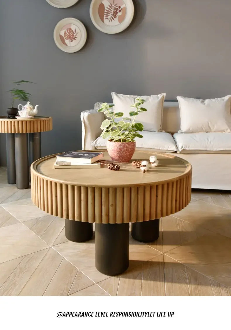 New arrivals pastoral style living room furniture rustic round wood carved coffee table with 3 legs