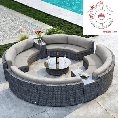 Sofa, courtyard, garden, leisure, outdoor living room, semi circular curved rattan chair, terrace, outdoor furniture combination