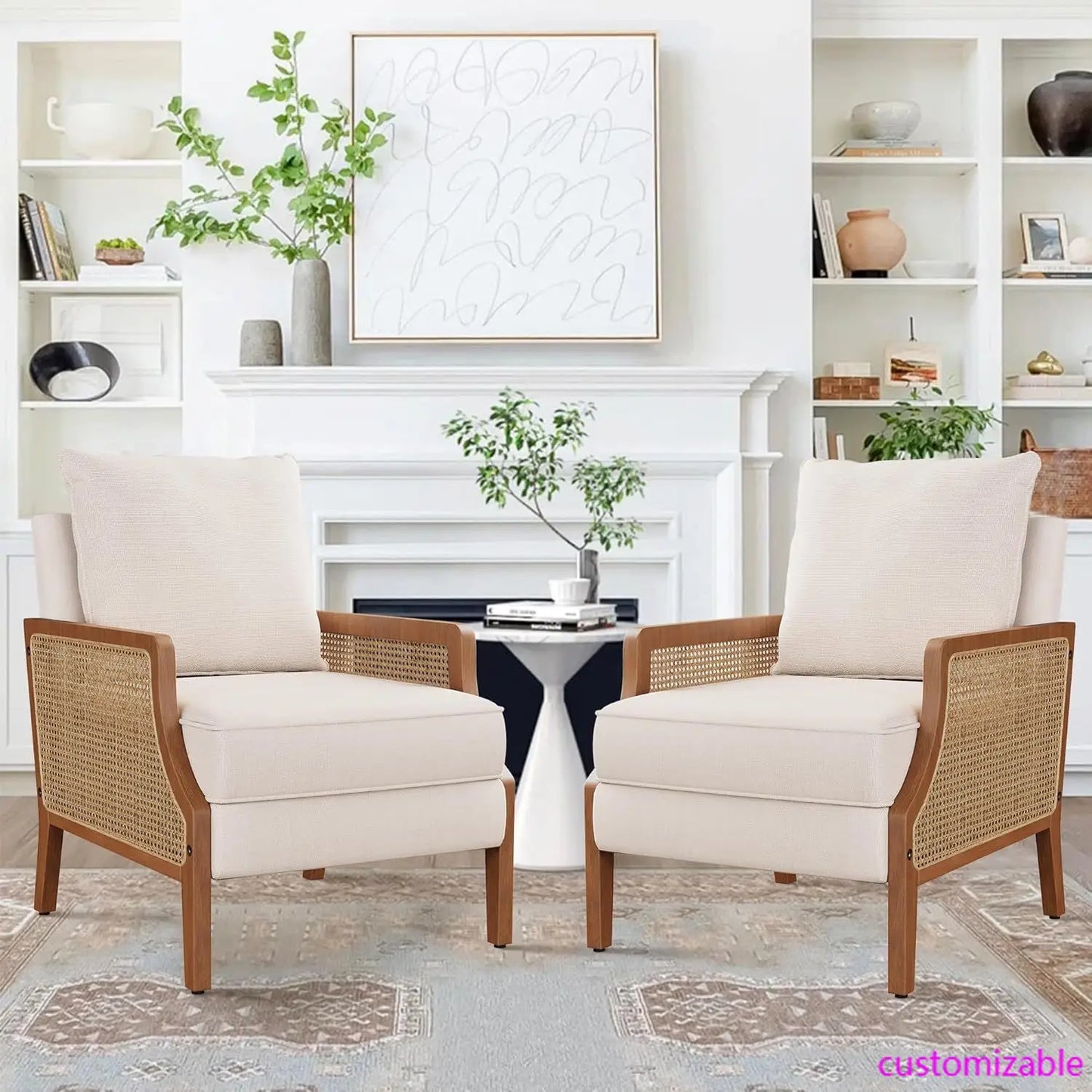 Mid Century Modern Accent Chair Upholstered Living Room Chairs Armchair with Rattan Armrest Comfy Reading Chair