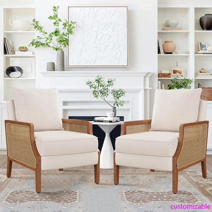 Mid Century Modern Accent Chair Upholstered Living Room Chairs Armchair with Rattan Armrest Comfy Reading Chair