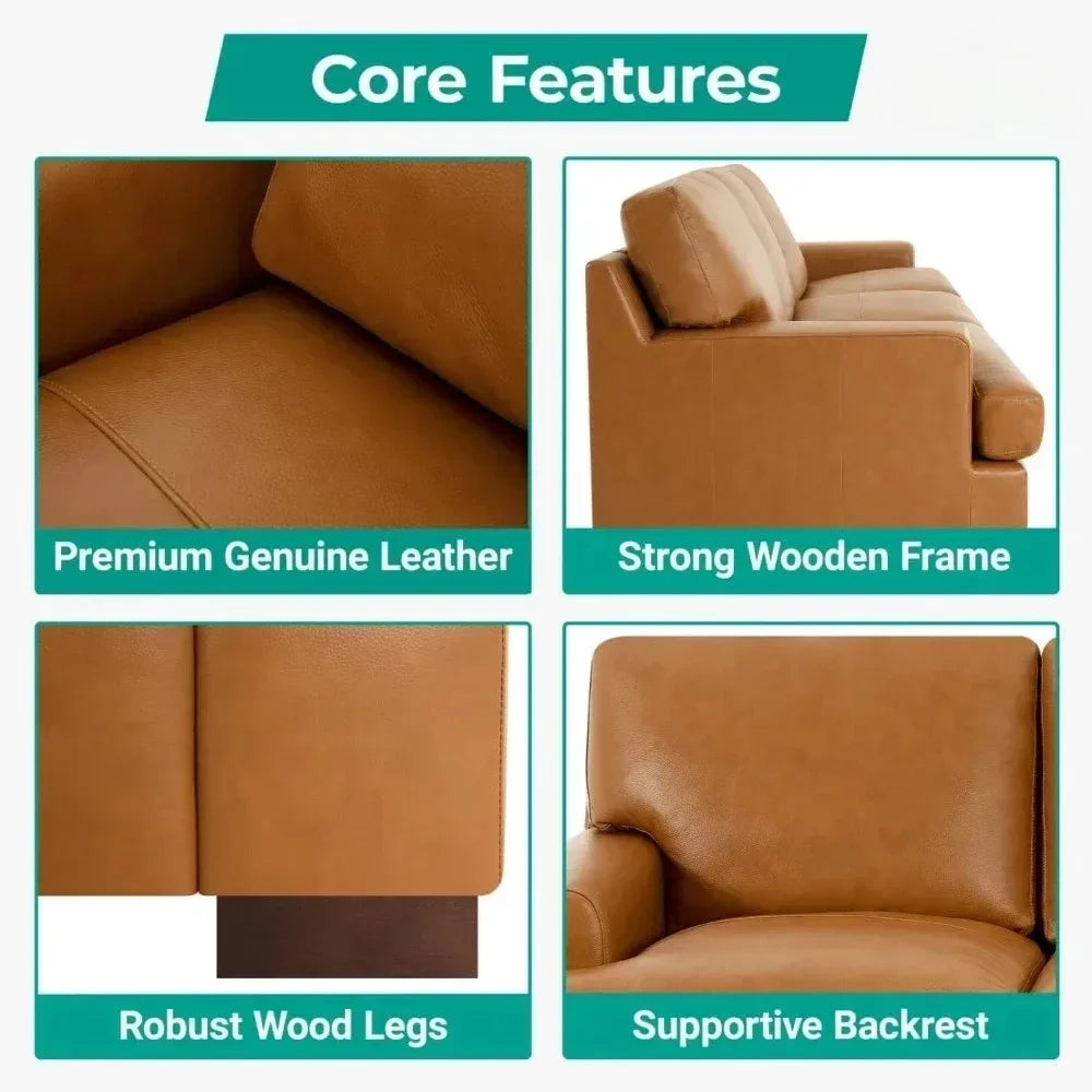 Genuine Leather Sofa - Luxurious Comfort, Goose Feather Cushion Filling, Square Arm Design, Sturdy Block Legs,