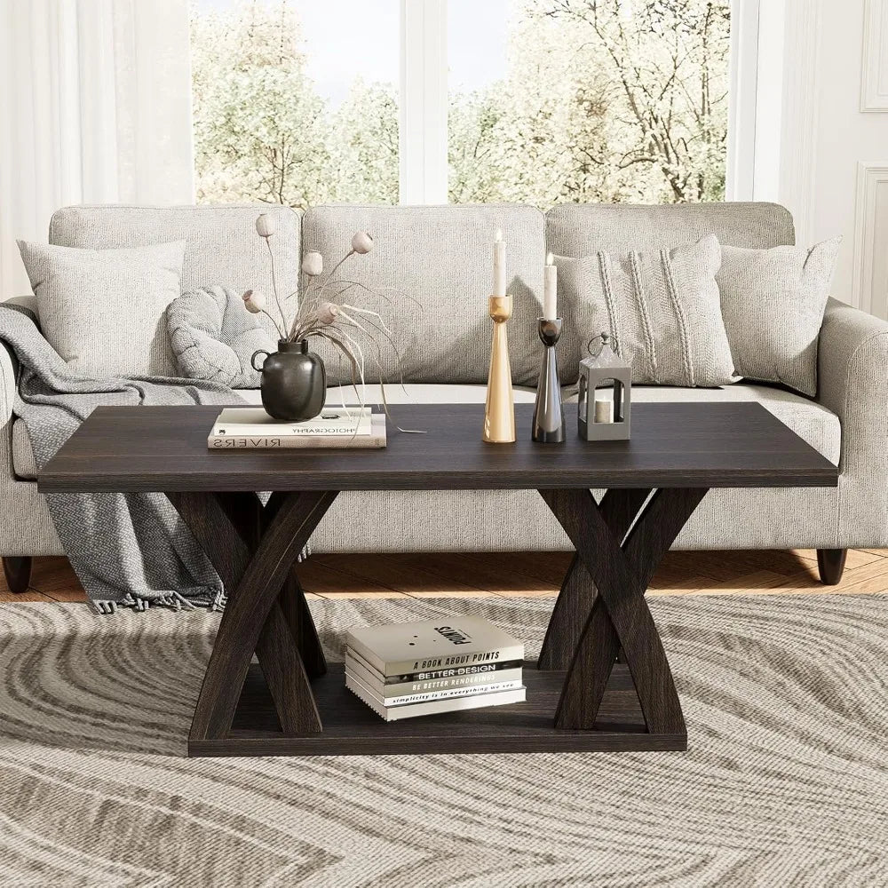 Shelf-Included Farmhouse Coffee Table, Wooden Living Room Table with Open Display, 47 Inch Dark Brown