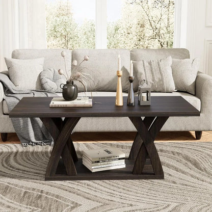 Shelf-Included Farmhouse Coffee Table, Wooden Living Room Table with Open Display, 47 Inch Dark Brown