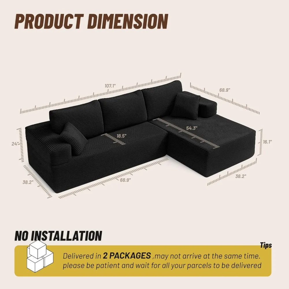 107" Boneless Couch with Deep Seat, Modular Sectional Sofa, Cloud Sectional Couch for Living Room, No Assembly Required, Corduro