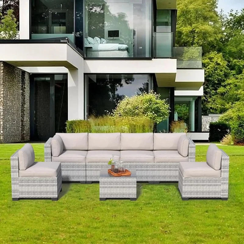 Courtyard Furniture Set 7-piece Outdoor Furniture Segmented Courtyard Sofa Set with Storage Platform Light Grey Cushion