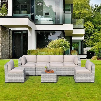 Courtyard Furniture Set 7-piece Outdoor Furniture Segmented Courtyard Sofa Set with Storage Platform Light Grey Cushion
