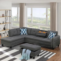 4 Seat Linen Upholstered Sectional Sofa Set 3 PCS W/Cup Holders & Coffee Table,for Home,Office,Dark Gray