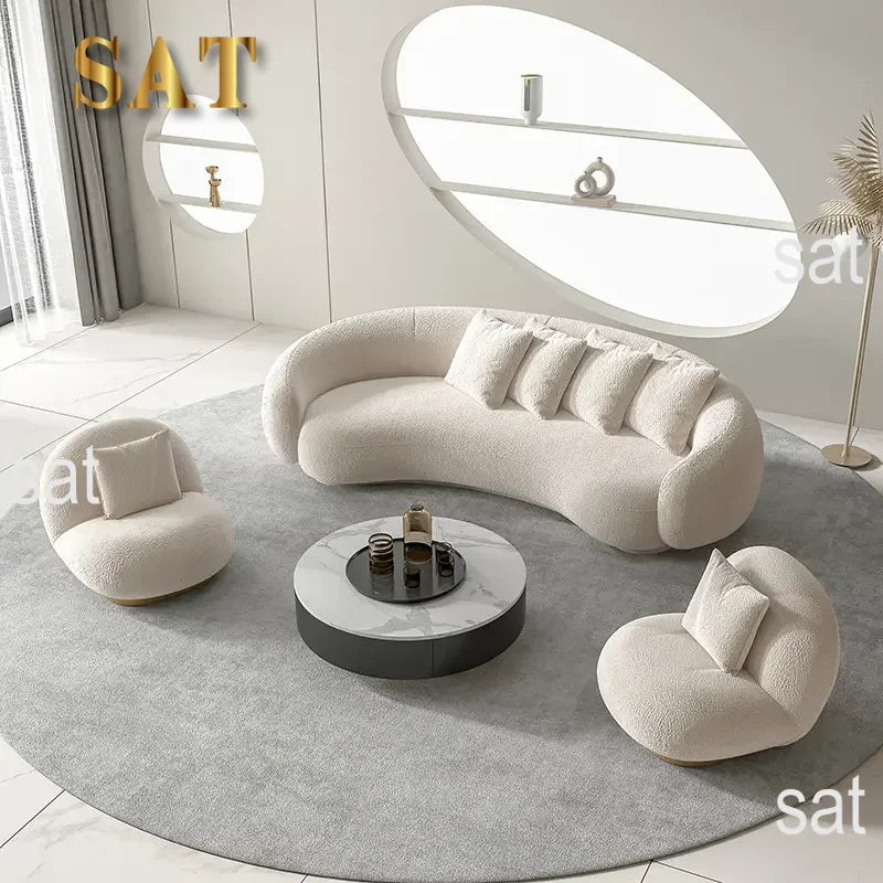 A Modern Furniture Comfort White Half Moon Round Couch Living Room Lounge Couches 3 Seater Velvet Fabric Curved Sofa for Home