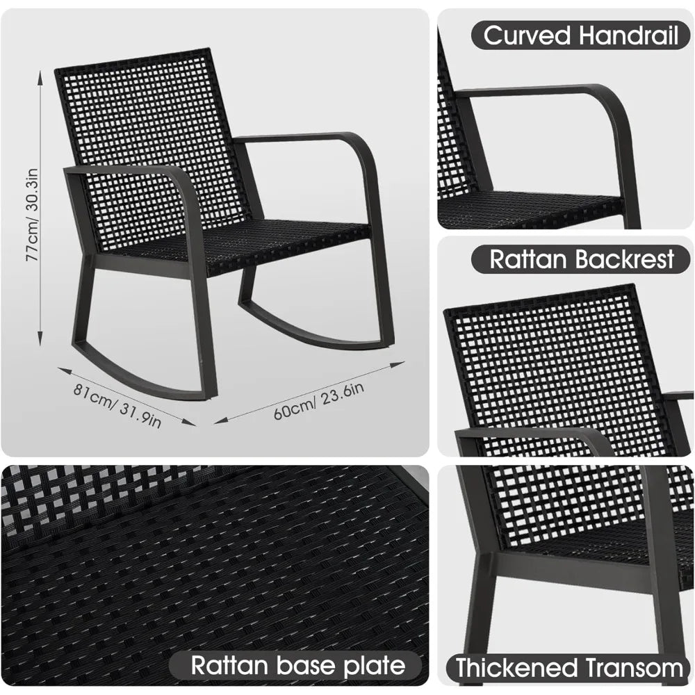Bistro 3 Piece Patio Furniture Set, Patio Table and Rattan Outdoor Rocking Chairs Set of 2, Outdoor Bistro Conversation Set for