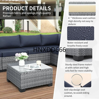 7 Piece Outdoor PE Wicker Furniture Set, Patio Gray Rattan Sectional Sofa Couch with Washable Dark Blue Cushions