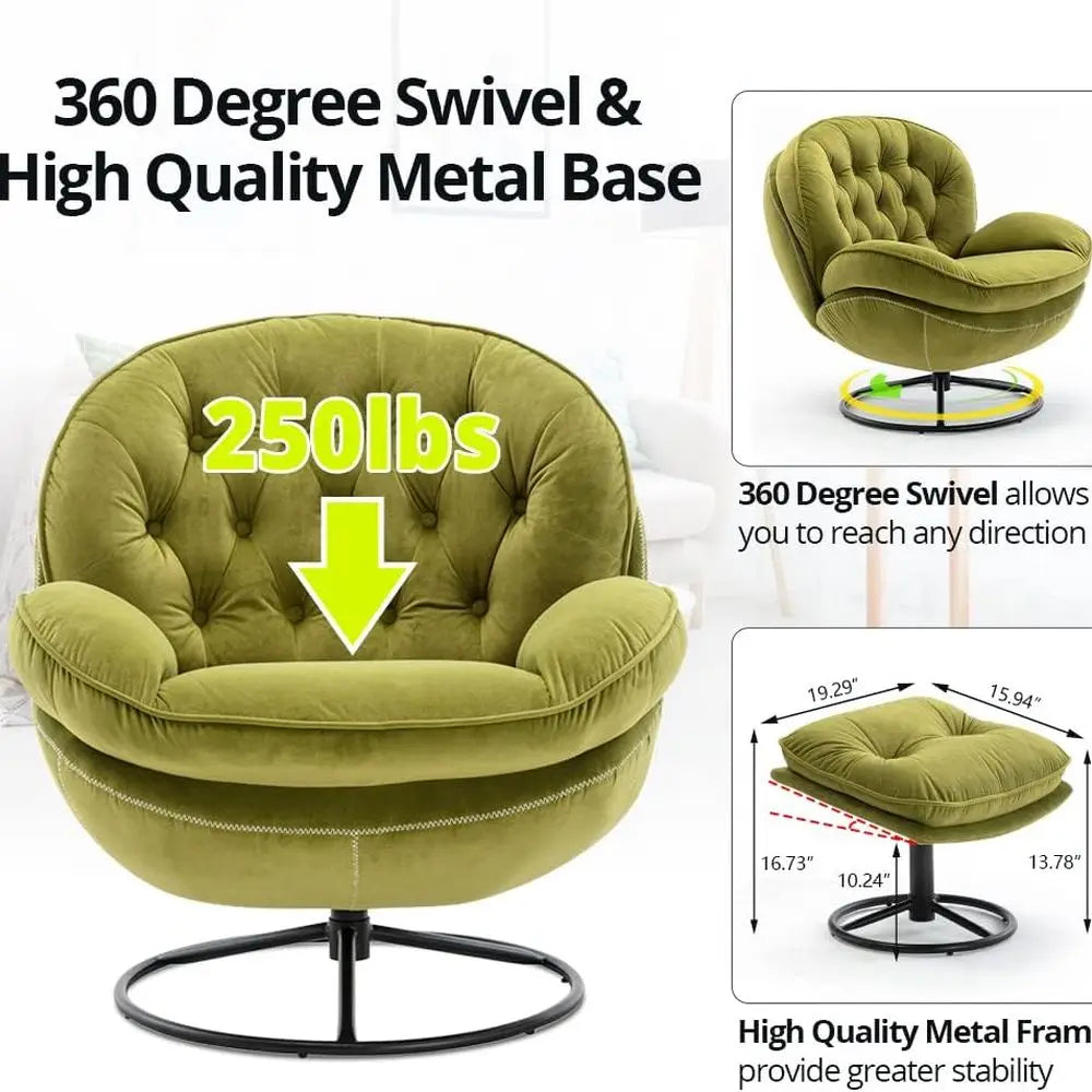 Velvet Swivel Accent Chair with Ottoman Set, Modern Lounge Chair with Metal Base Frame & Footrest, Comfy Single Leisure Sofa Cha