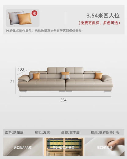 Nordic leather sofa with cowhide top layer, simple modern size, living room, Italian minimalist cream style leather sofa
