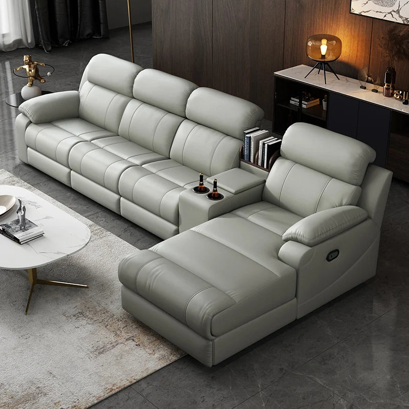Modern Italian electric sofa set leather multi-functional recliner with characteristic metal corner combination
