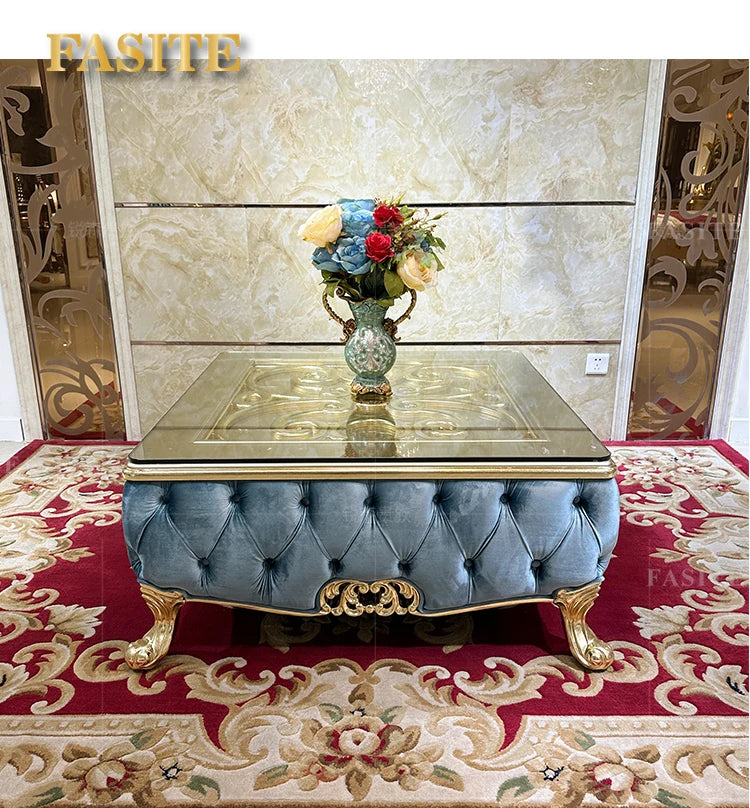 French solid wood square table European luxury square large coffee table tempered glass