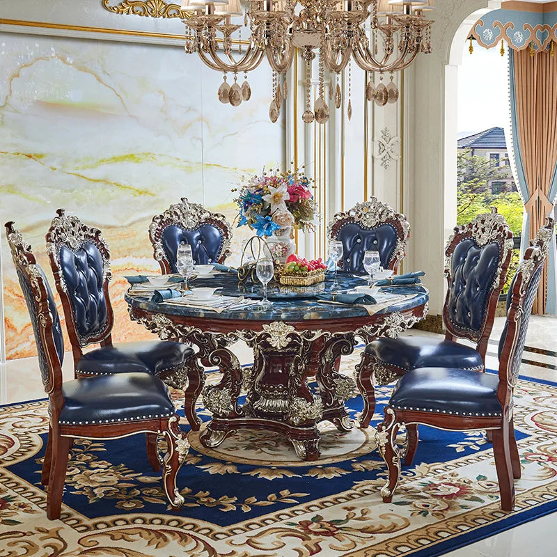 HLZ European Style Dining Table New Luxury High-End Solid Wood Home Marble French Retro Table and Chair Set Villa