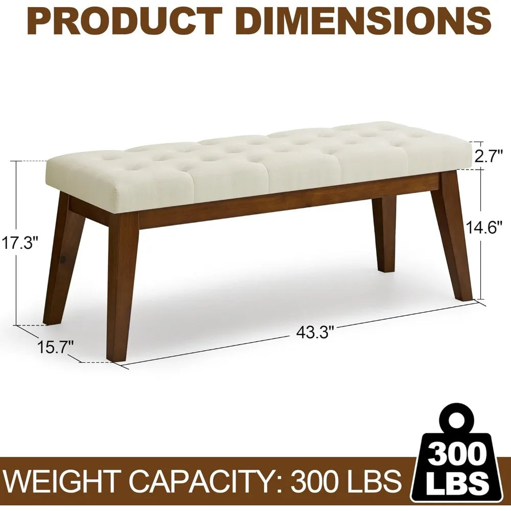 43.5'' Linen Bedroom Bench, Upholstered End of Bed Bench with Tufted Button, Padded Vintage Dining Bench, Entryway Bench