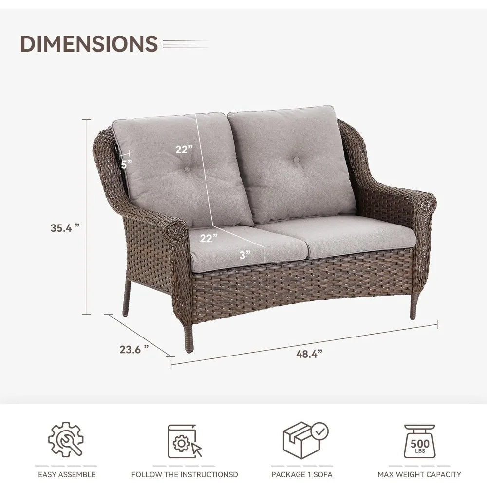Brown Rattan Outdoor Wicker Loveseat with Chrysanthemum Arms and Water-Resistant Cushions for Patio and Balcony Garden Use