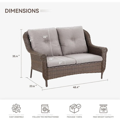 Brown Rattan Outdoor Wicker Loveseat with Chrysanthemum Arms and Water-Resistant Cushions for Patio and Balcony Garden Use
