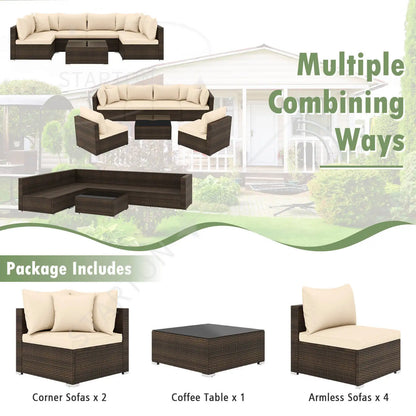 Hot Sale Item 7 PCS Patio Rattan Furniture Set Sectional Sofa Cushioned Garden Brown