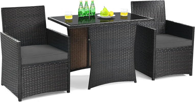 3-Piece Outdoor Rattan Bistro Set with Cushions, Glass Top, Grey
