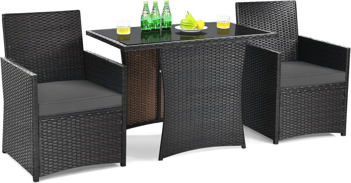 3-Piece Outdoor Rattan Bistro Set with Cushions, Glass Top, Grey