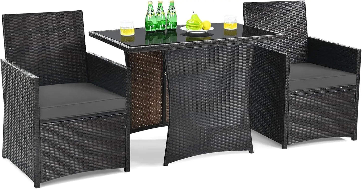 3-Piece Outdoor Rattan Bistro Set with Cushions, Glass Top, Grey