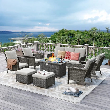 Rattan Outdoor Furniture Set, 6-piece Outdoor Deep-seated Leisure Set, Including Brazier Table and Footstool
