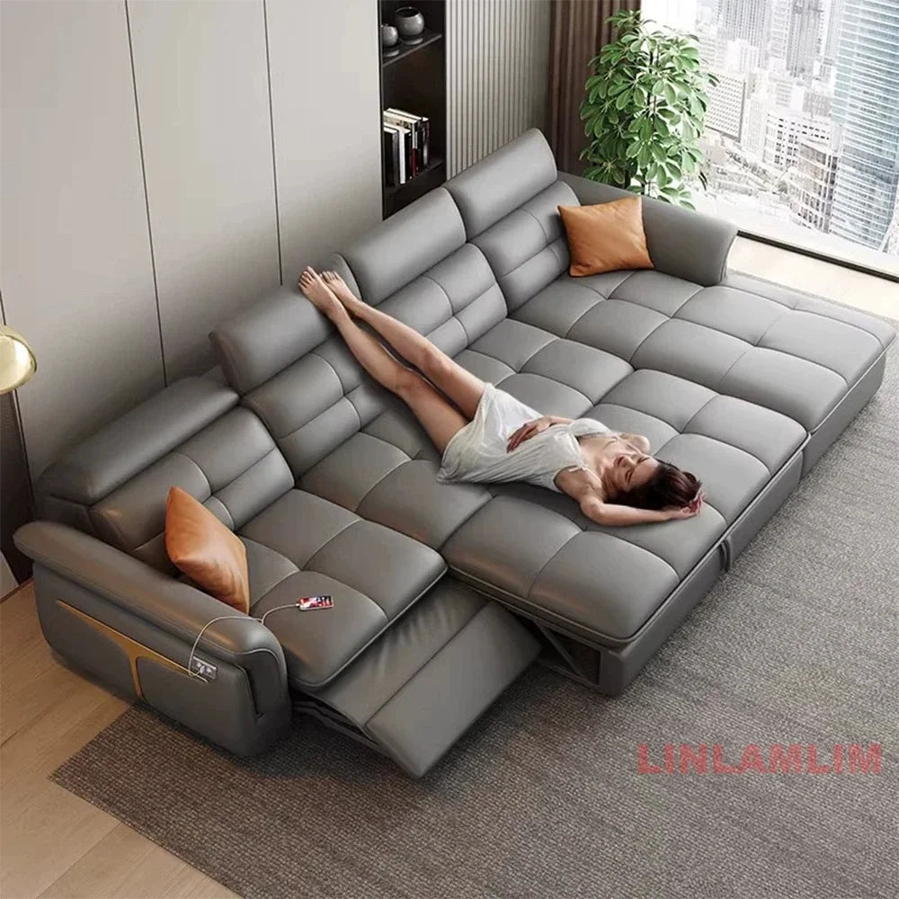 Modern Electric Recliner Sofa Bed with Adjustable Backrest, L-Shaped Multifunctional Italian Genuine Leather Sectional Couch