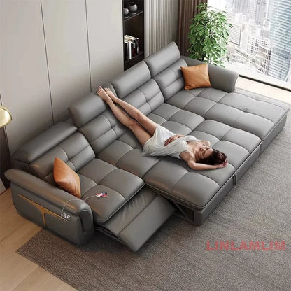 Modern Electric Recliner Sofa Bed with Adjustable Backrest, L-Shaped Multifunctional Italian Genuine Leather Sectional Couch