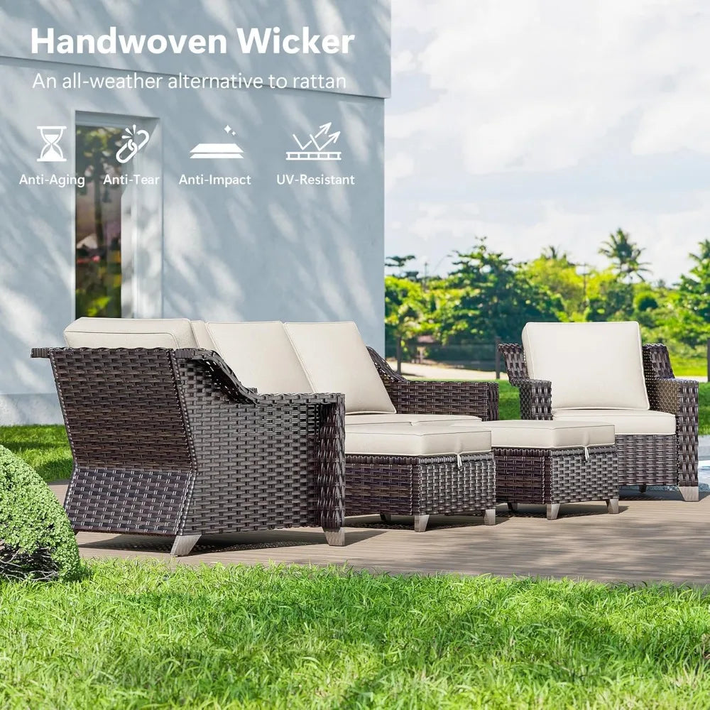 Wicker Patio Furniture, Luxury Outdoor Furniture with 2 Pieces Patio Rattan Chair, 2 Patio Ottoman, Wide Armrest, Thickened