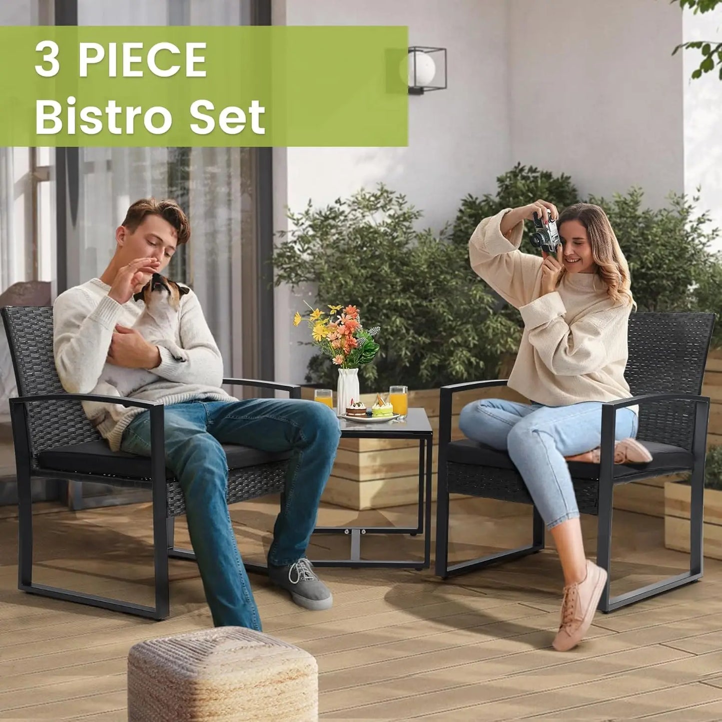 3 Piece Wicker Patio Bistro Set, Rattan Conversation Set With Coffee Table, For Balcony, Porch, Garden, Yard, Poolside, Bla