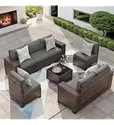 QAZ8-7 Piece Patio Furniture Set Fire Pit Table. Outdoor Conversation Sets Wicker Rattan Sectional Sofa with Coffee TSZ