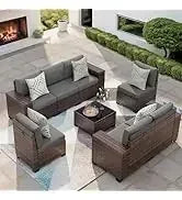 QAZ8-7 Piece Patio Furniture Set Fire Pit Table. Outdoor Conversation Sets Wicker Rattan Sectional Sofa with Coffee TSZ