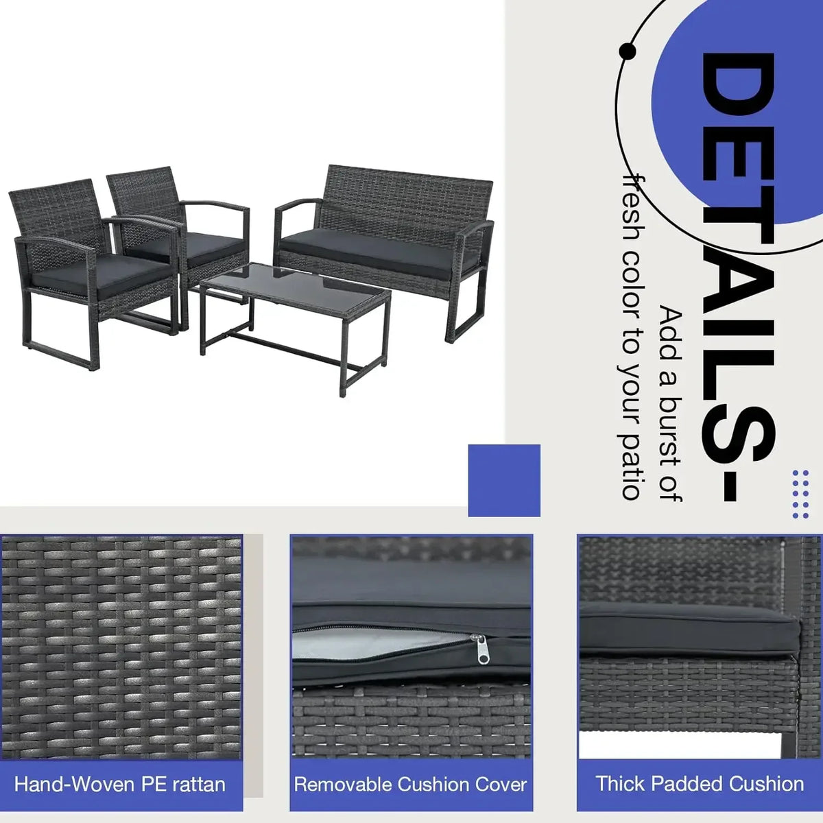 4pcs Outdoor Patio Furniture Set, Outdoor Wicker Conversation Set, Patio Rattan Chair Set, Modern Bistro Set with Coffee Table