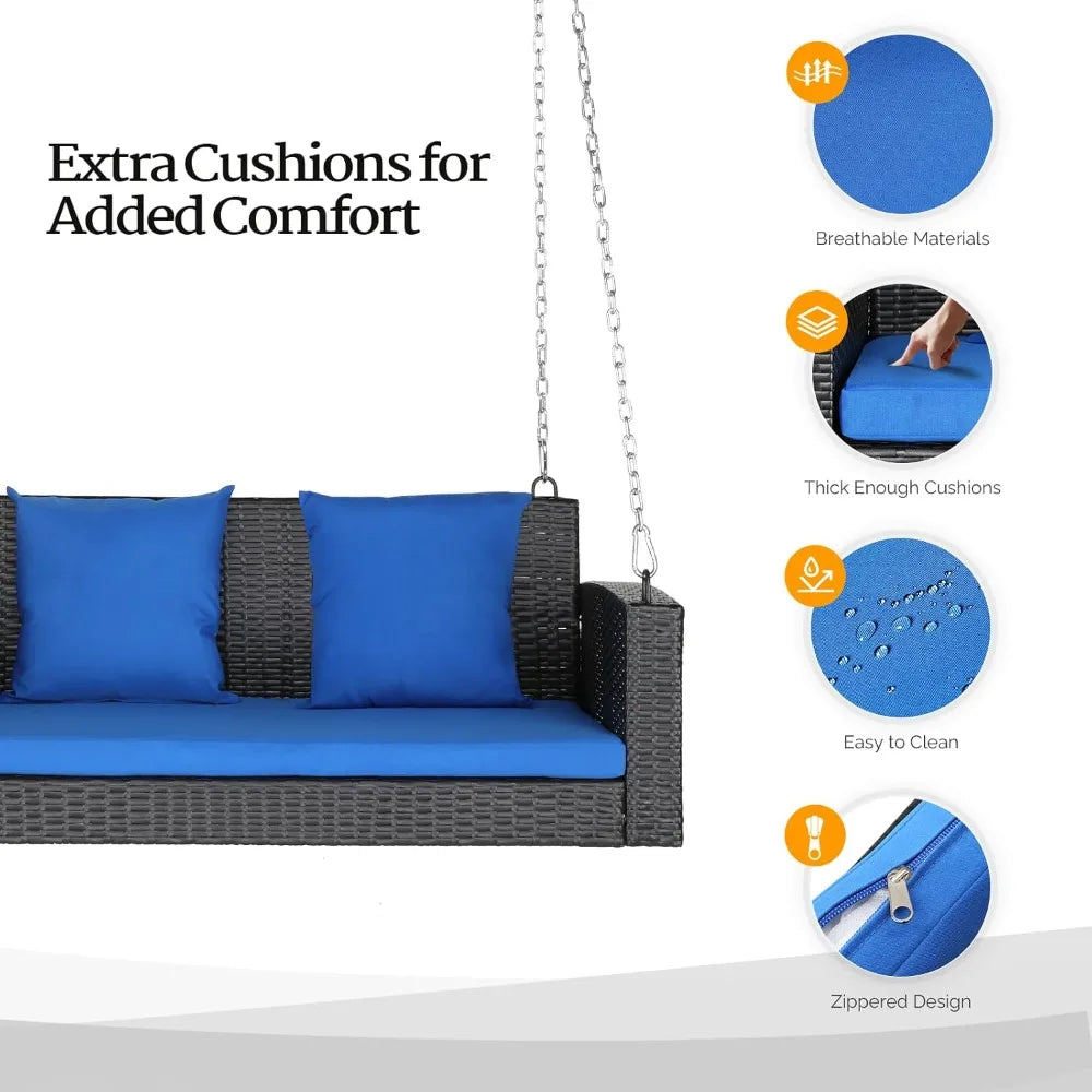 Rattan Porch Swing, Heavy Duty 800 LBS Outdoor Hanging Seat with Extra Cushion and Adjustable Chain, The Porch Swing Seat