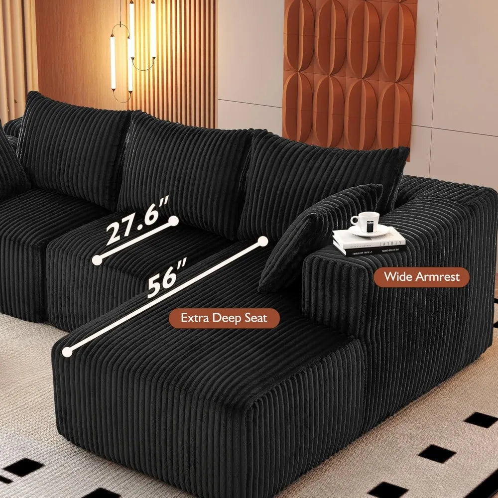 Modern Minimalist Sectional Sofa: L-Shape Cloud Couch with Deep Seats Right Chaise - Black