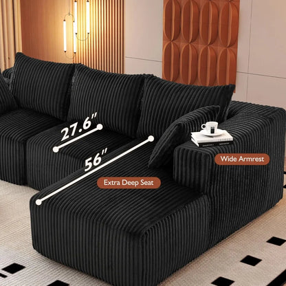 Modern Minimalist Sectional Sofa: L-Shape Cloud Couch with Deep Seats Right Chaise - Black