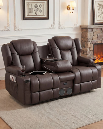 Redlife Loveseat Recliner Sofa with Console,Manual Pull Reclining Couch,Heating & Massage,USB & Power Outlet,Home Theater&RV