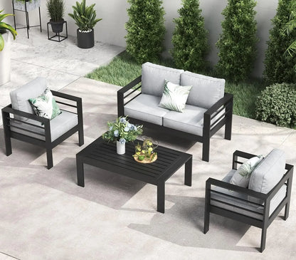 Garden Furniture Set, 5 Pieces Patio Outdoor Aluminum Sectional Conversation, Chat Sofa Modern Seating Set with Coffee Table